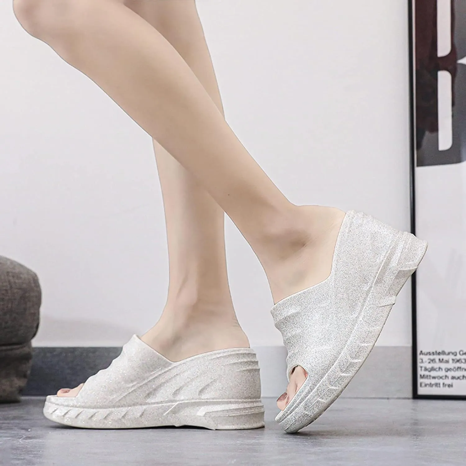 Women Platform Clogs Slip On Thick Soled Garden Clogs Sandals Summer Beach Open Toe Sandals Sparkle Slippers-Extra 8 cm/3.15 inches