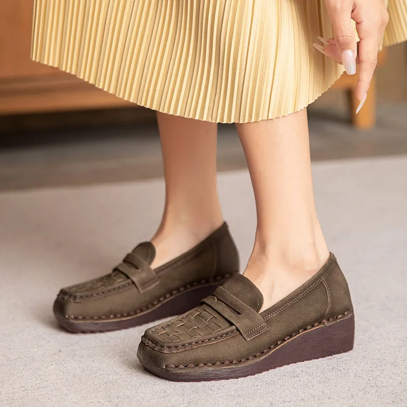 Women Solid Plaited Soft Leather Casual Loafers