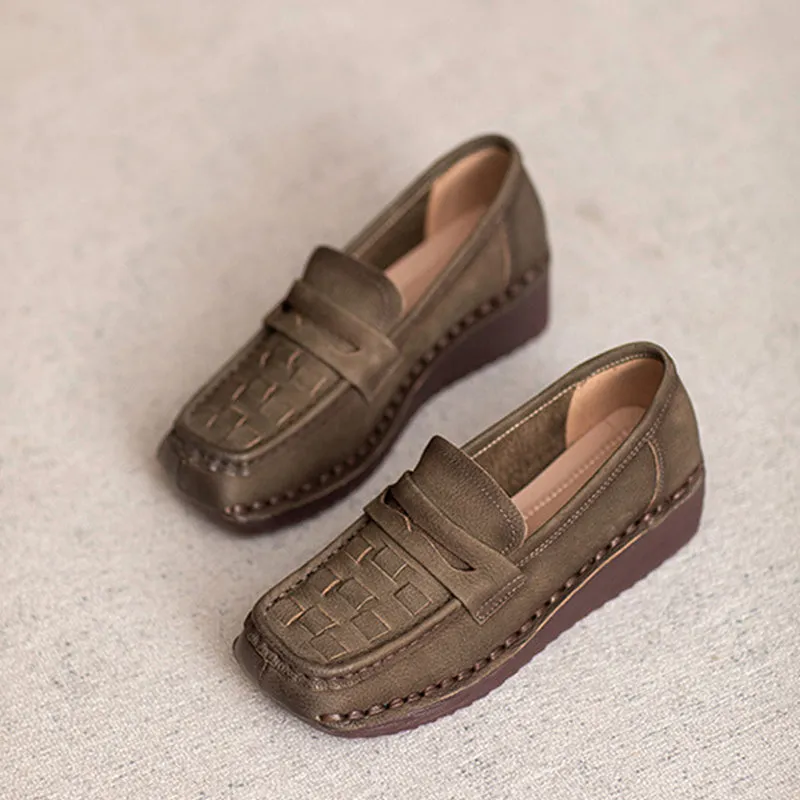 Women Solid Plaited Soft Leather Casual Loafers