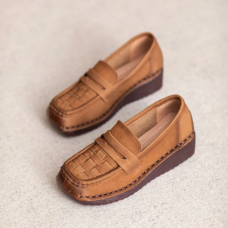 Women Solid Plaited Soft Leather Casual Loafers