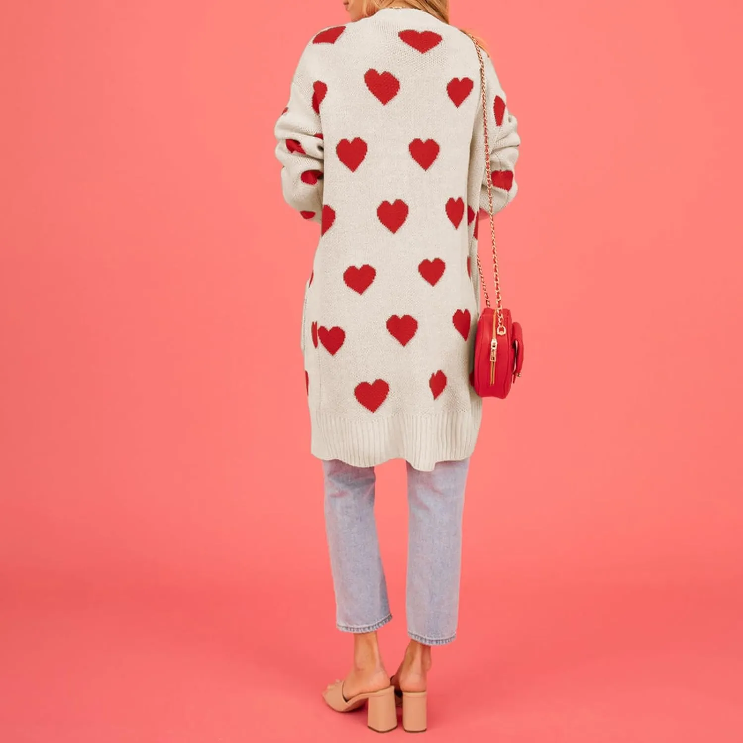 Women Valentine's Day Sweater Cardigan Romantic Heart Print Button Down Open Front Sweater Chunky Sweater Outwear