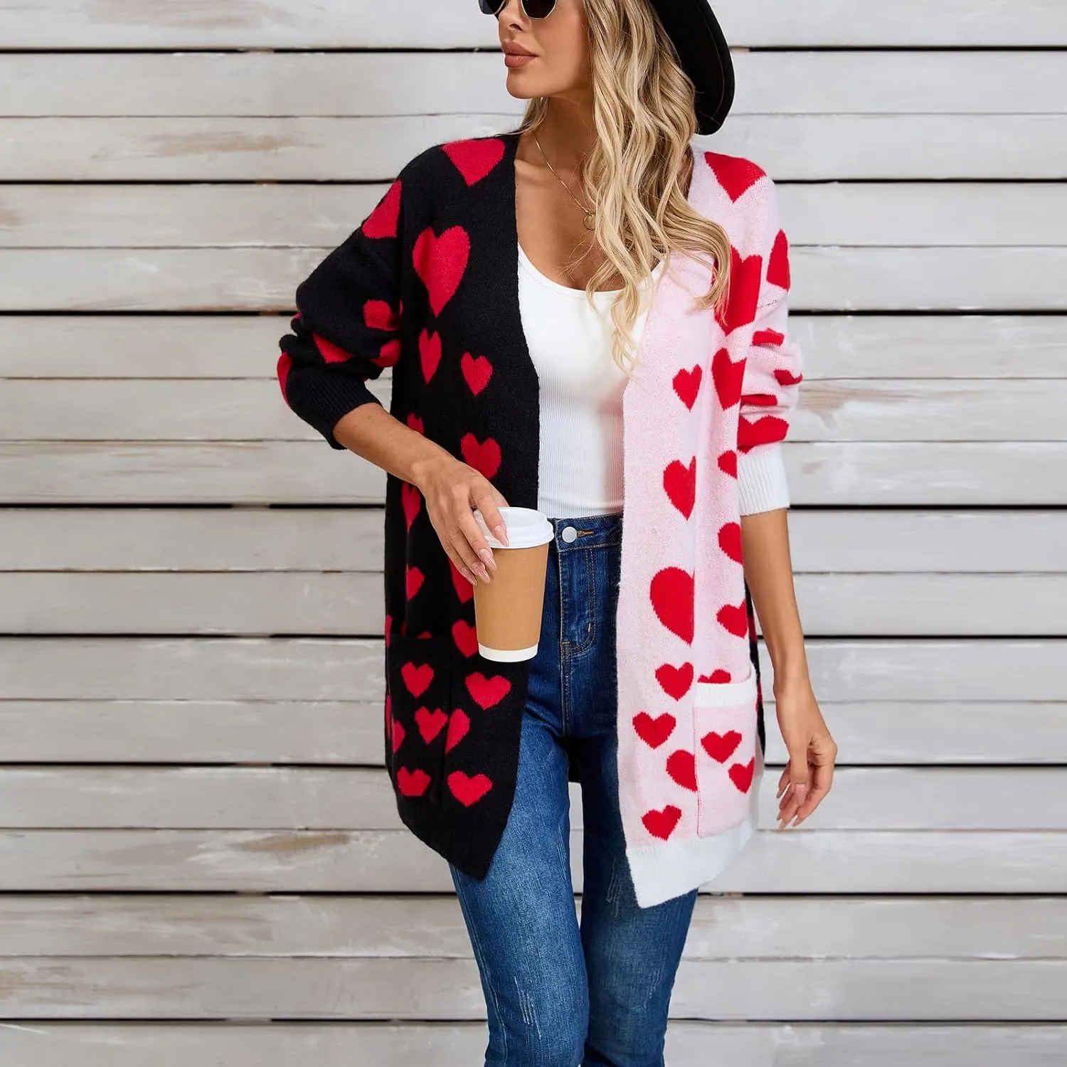 Women Valentine's Day Sweater Cardigan Romantic Heart Print Button Down Open Front Sweater Chunky Sweater Outwear