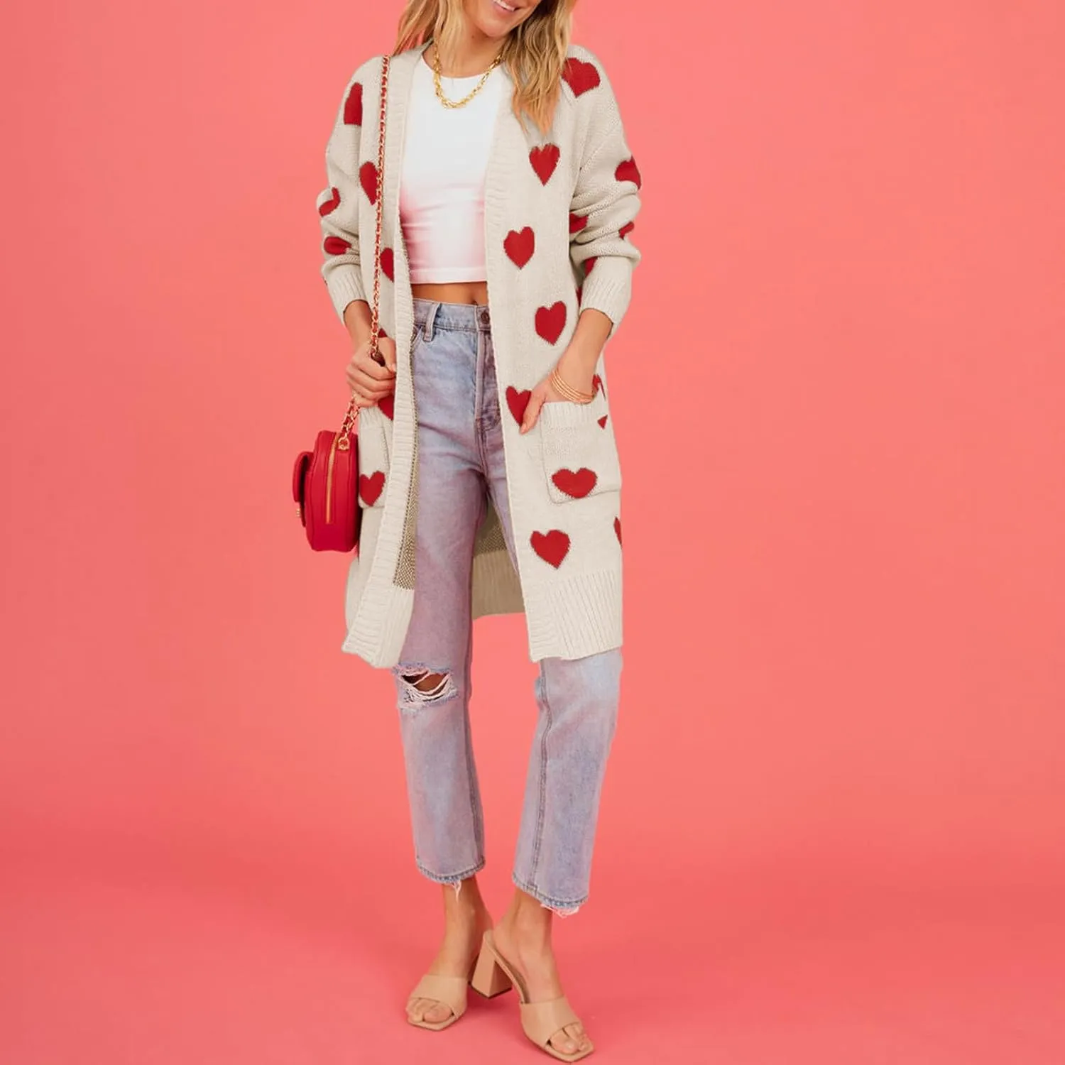 Women Valentine's Day Sweater Cardigan Romantic Heart Print Button Down Open Front Sweater Chunky Sweater Outwear