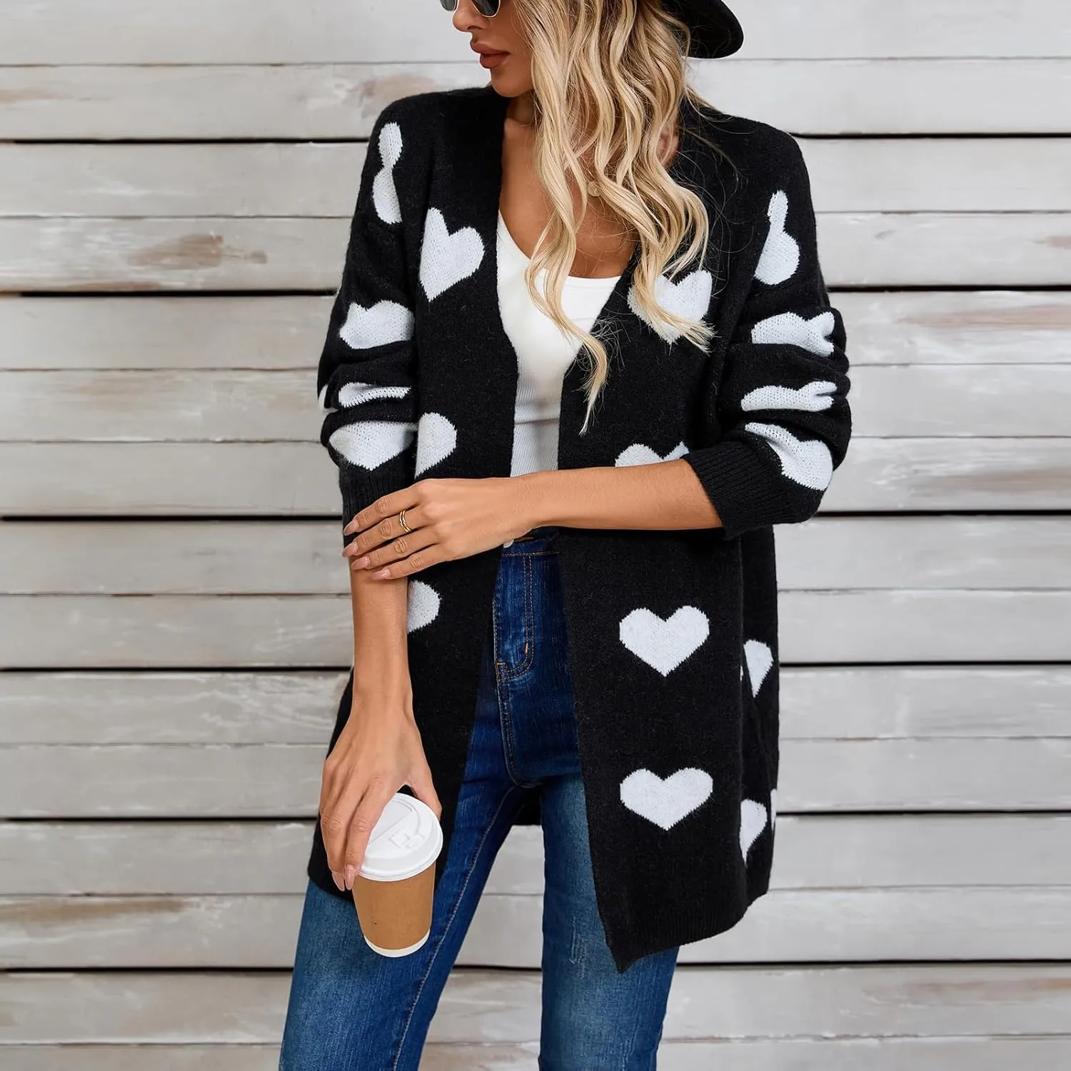 Women Valentine's Day Sweater Cardigan Romantic Heart Print Button Down Open Front Sweater Chunky Sweater Outwear