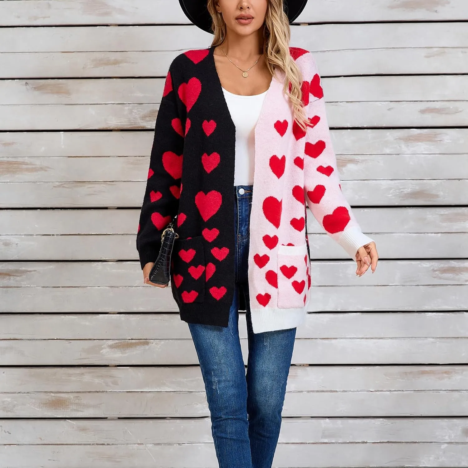 Women Valentine's Day Sweater Cardigan Romantic Heart Print Button Down Open Front Sweater Chunky Sweater Outwear