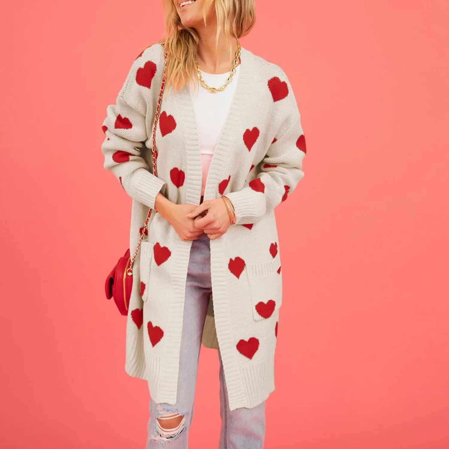 Women Valentine's Day Sweater Cardigan Romantic Heart Print Button Down Open Front Sweater Chunky Sweater Outwear