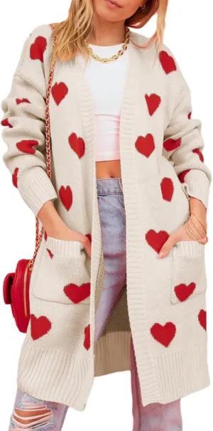 Women Valentine's Day Sweater Cardigan Romantic Heart Print Button Down Open Front Sweater Chunky Sweater Outwear