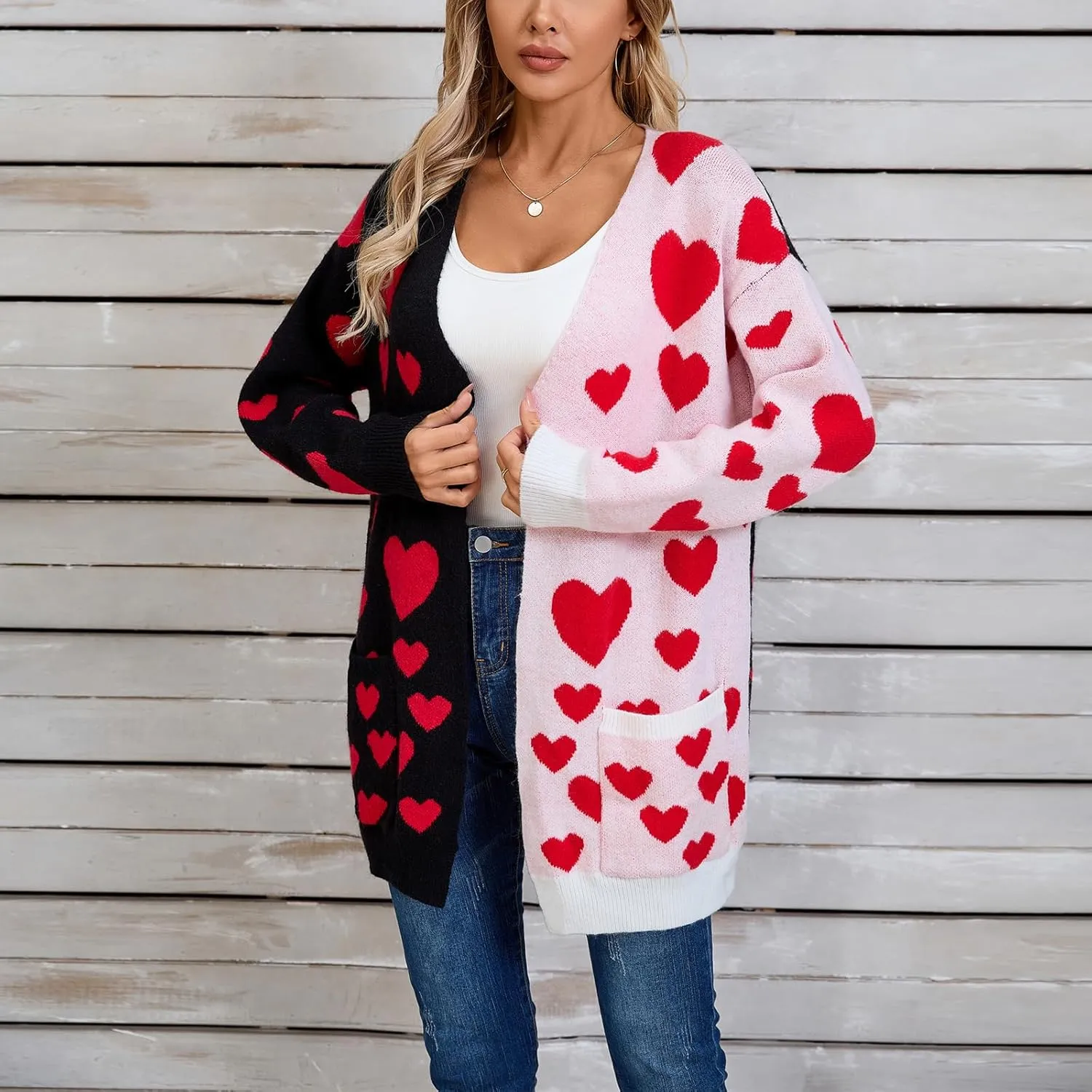 Women Valentine's Day Sweater Cardigan Romantic Heart Print Button Down Open Front Sweater Chunky Sweater Outwear
