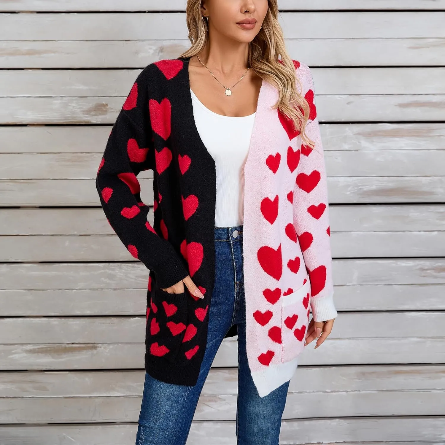 Women Valentine's Day Sweater Cardigan Romantic Heart Print Button Down Open Front Sweater Chunky Sweater Outwear