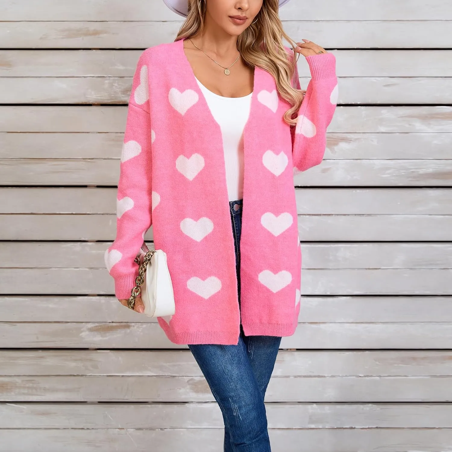 Women Valentine's Day Sweater Cardigan Romantic Heart Print Button Down Open Front Sweater Chunky Sweater Outwear