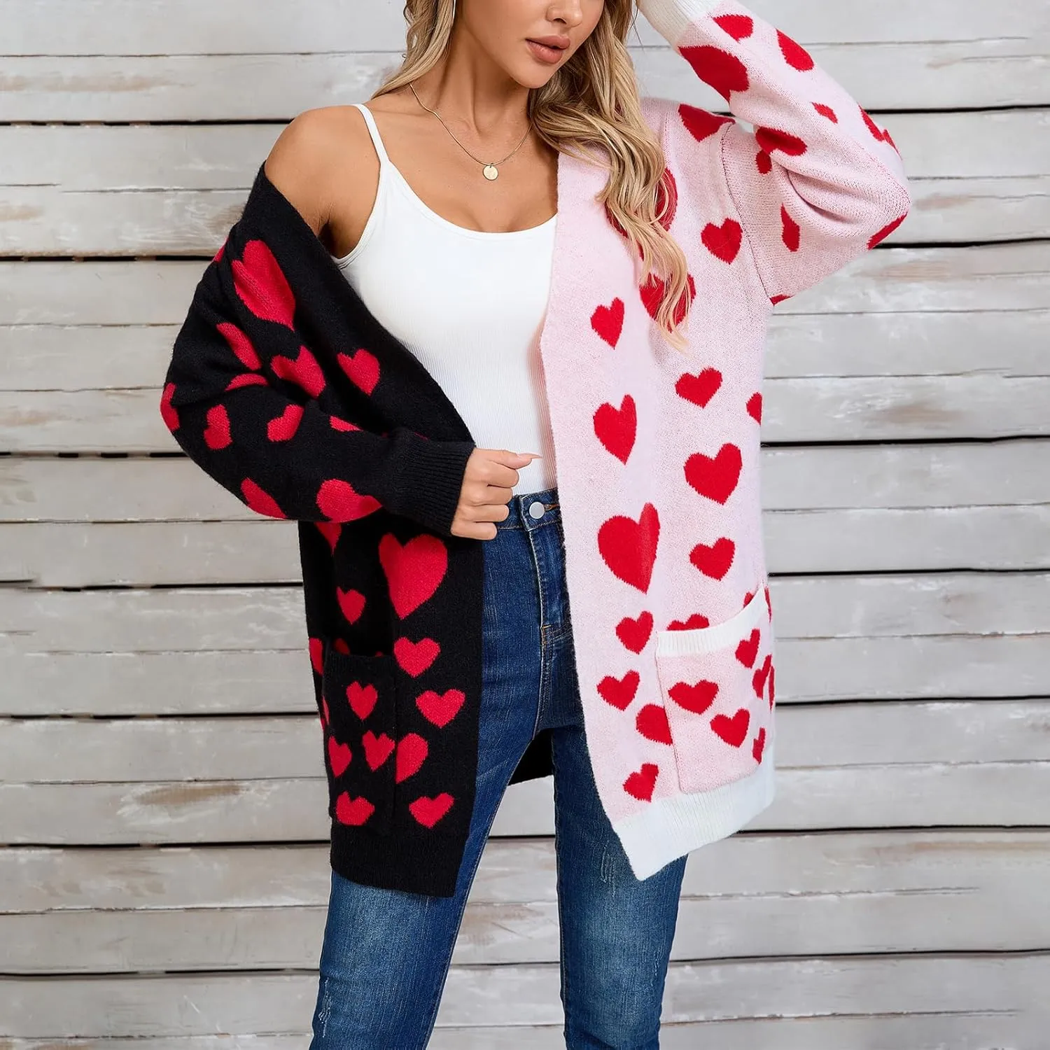 Women Valentine's Day Sweater Cardigan Romantic Heart Print Button Down Open Front Sweater Chunky Sweater Outwear