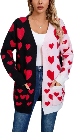 Women Valentine's Day Sweater Cardigan Romantic Heart Print Button Down Open Front Sweater Chunky Sweater Outwear