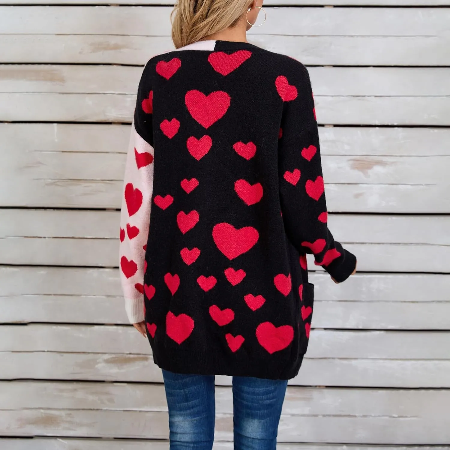 Women Valentine's Day Sweater Cardigan Romantic Heart Print Button Down Open Front Sweater Chunky Sweater Outwear