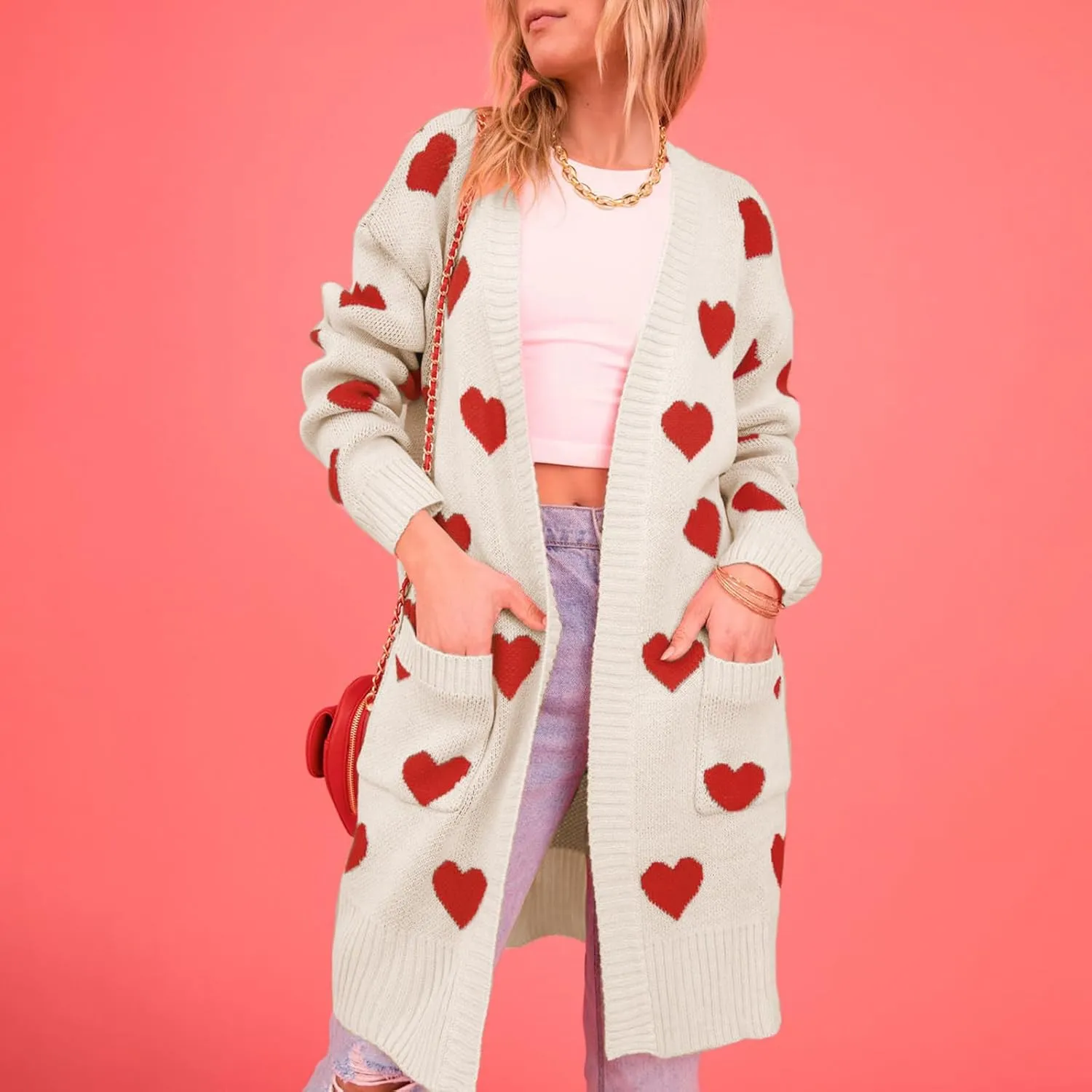 Women Valentine's Day Sweater Cardigan Romantic Heart Print Button Down Open Front Sweater Chunky Sweater Outwear