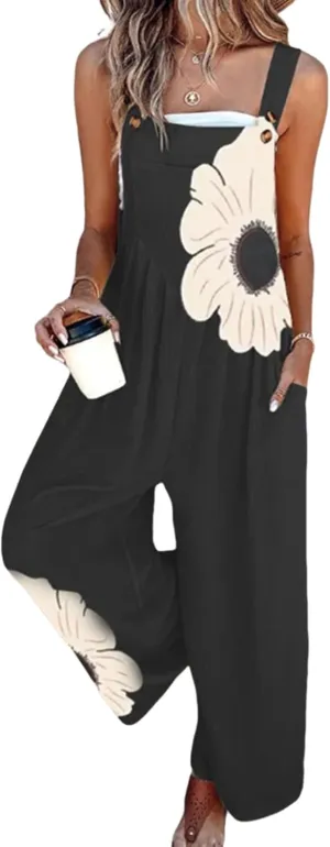 Women's 2025 Spring Floral Print Overalls Jumpsuits One Piece Sleeveless Wide Leg Long Pants Rompers with Pockets