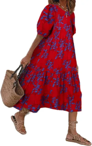 Womens Boho Floral Printed Crew Neck Dress Half Puff Sleeves Layered A Line Flowy Loose Fit Maxi Dress