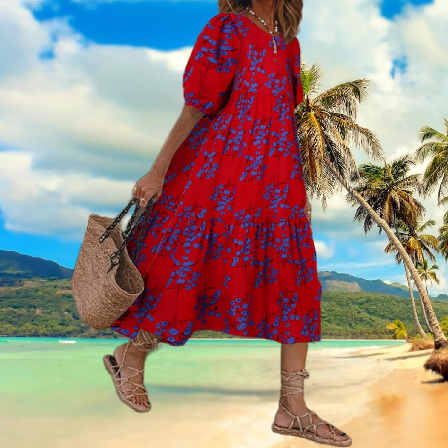 Womens Boho Floral Printed Crew Neck Dress Half Puff Sleeves Layered A Line Flowy Loose Fit Maxi Dress
