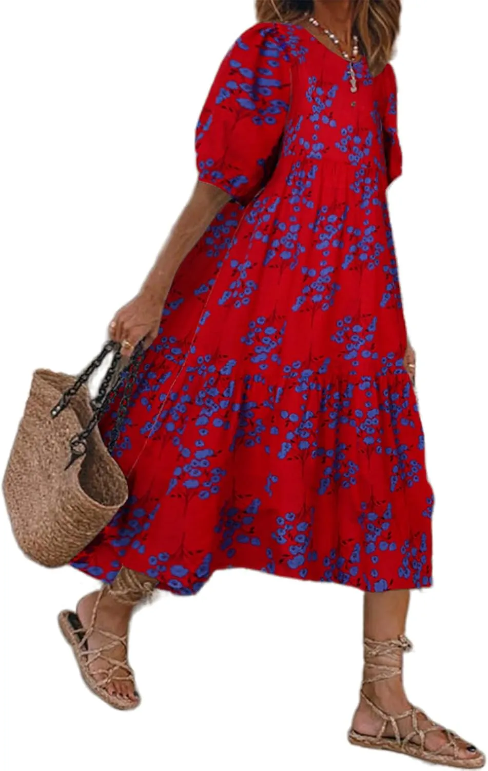 Womens Boho Floral Printed Crew Neck Dress Half Puff Sleeves Layered A Line Flowy Loose Fit Maxi Dress
