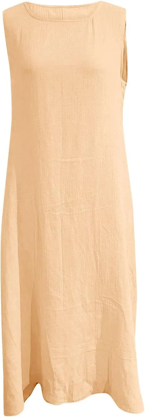 Women's Casual Dress Round Neck Sleeveless with Pockets Solid Color Long Dresses Cotton Linen Comfy Midi Skirt Daily
