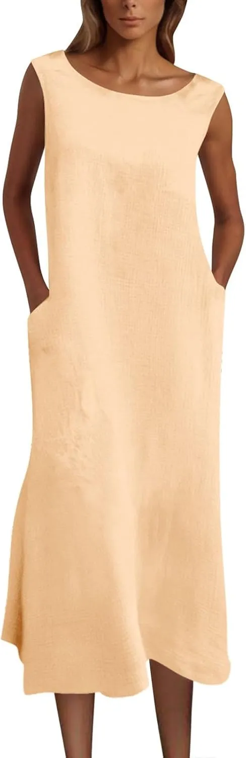 Women's Casual Dress Round Neck Sleeveless with Pockets Solid Color Long Dresses Cotton Linen Comfy Midi Skirt Daily