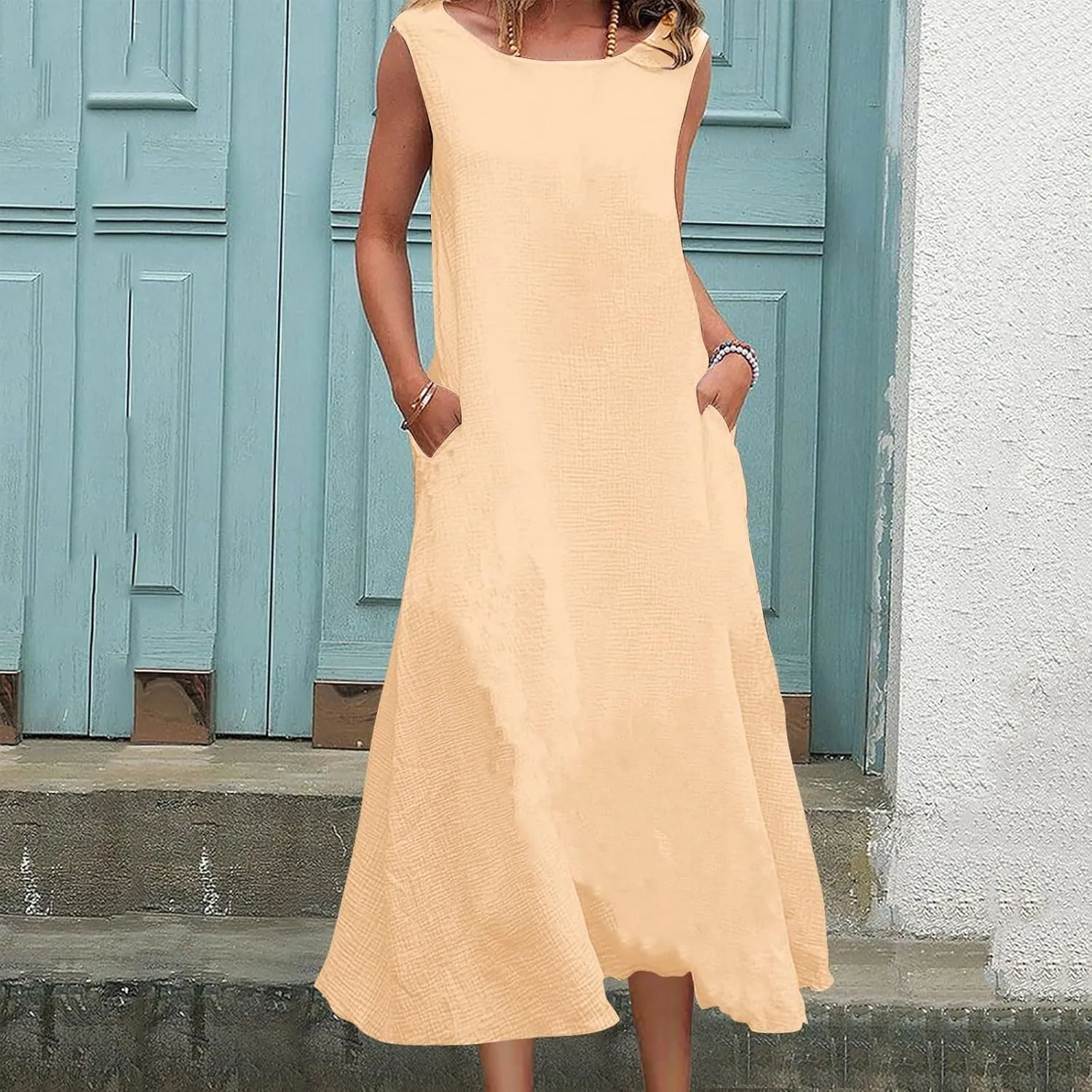 Women's Casual Dress Round Neck Sleeveless with Pockets Solid Color Long Dresses Cotton Linen Comfy Midi Skirt Daily