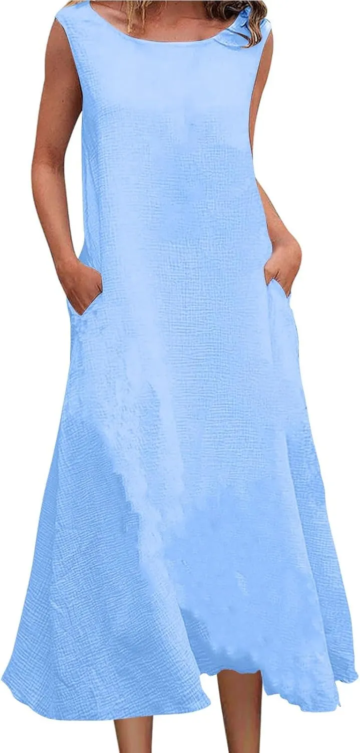 Women's Casual Dress Round Neck Sleeveless with Pockets Solid Color Long Dresses Cotton Linen Comfy Midi Skirt Daily