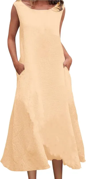 Women's Casual Dress Round Neck Sleeveless with Pockets Solid Color Long Dresses Cotton Linen Comfy Midi Skirt Daily