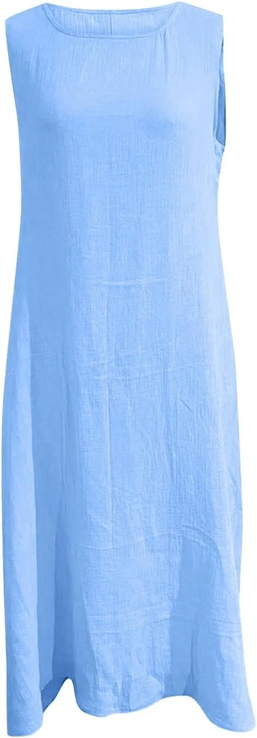 Women's Casual Dress Round Neck Sleeveless with Pockets Solid Color Long Dresses Cotton Linen Comfy Midi Skirt Daily