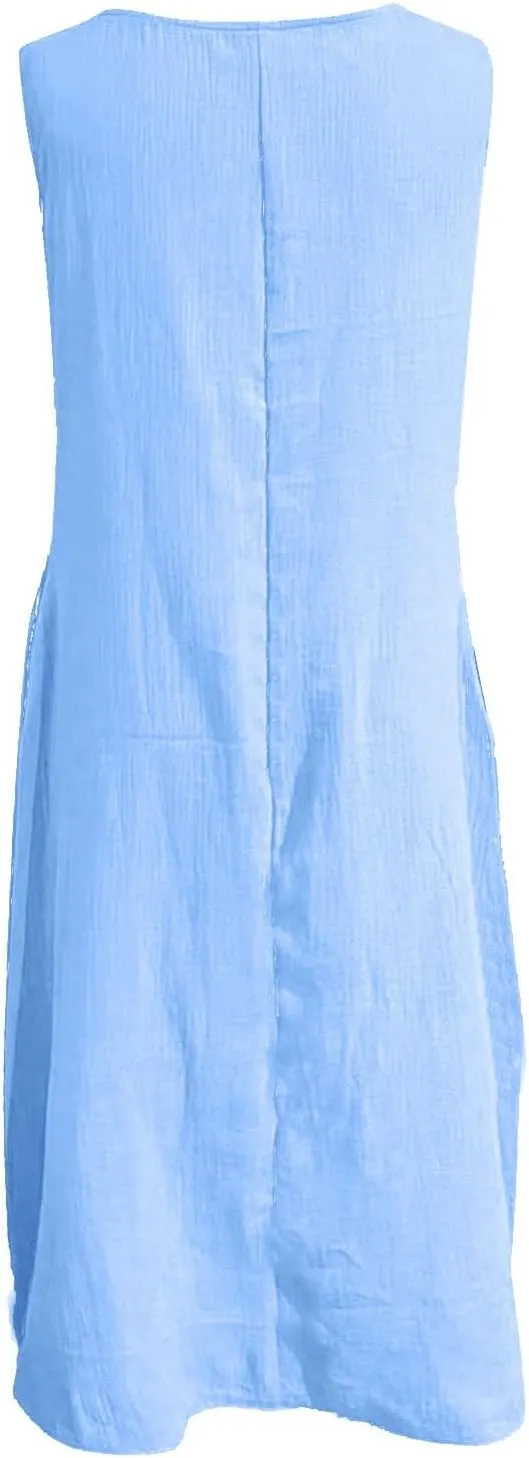 Women's Casual Dress Round Neck Sleeveless with Pockets Solid Color Long Dresses Cotton Linen Comfy Midi Skirt Daily