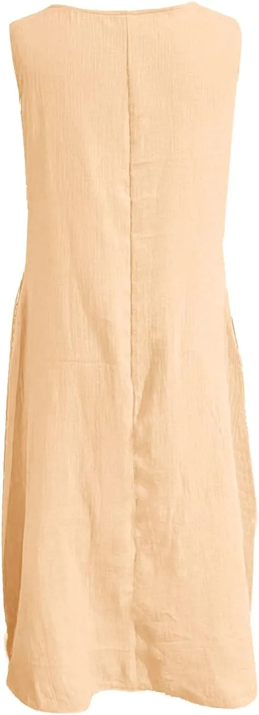 Women's Casual Dress Round Neck Sleeveless with Pockets Solid Color Long Dresses Cotton Linen Comfy Midi Skirt Daily