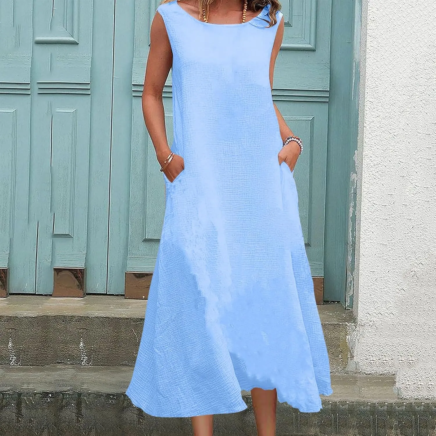 Women's Casual Dress Round Neck Sleeveless with Pockets Solid Color Long Dresses Cotton Linen Comfy Midi Skirt Daily