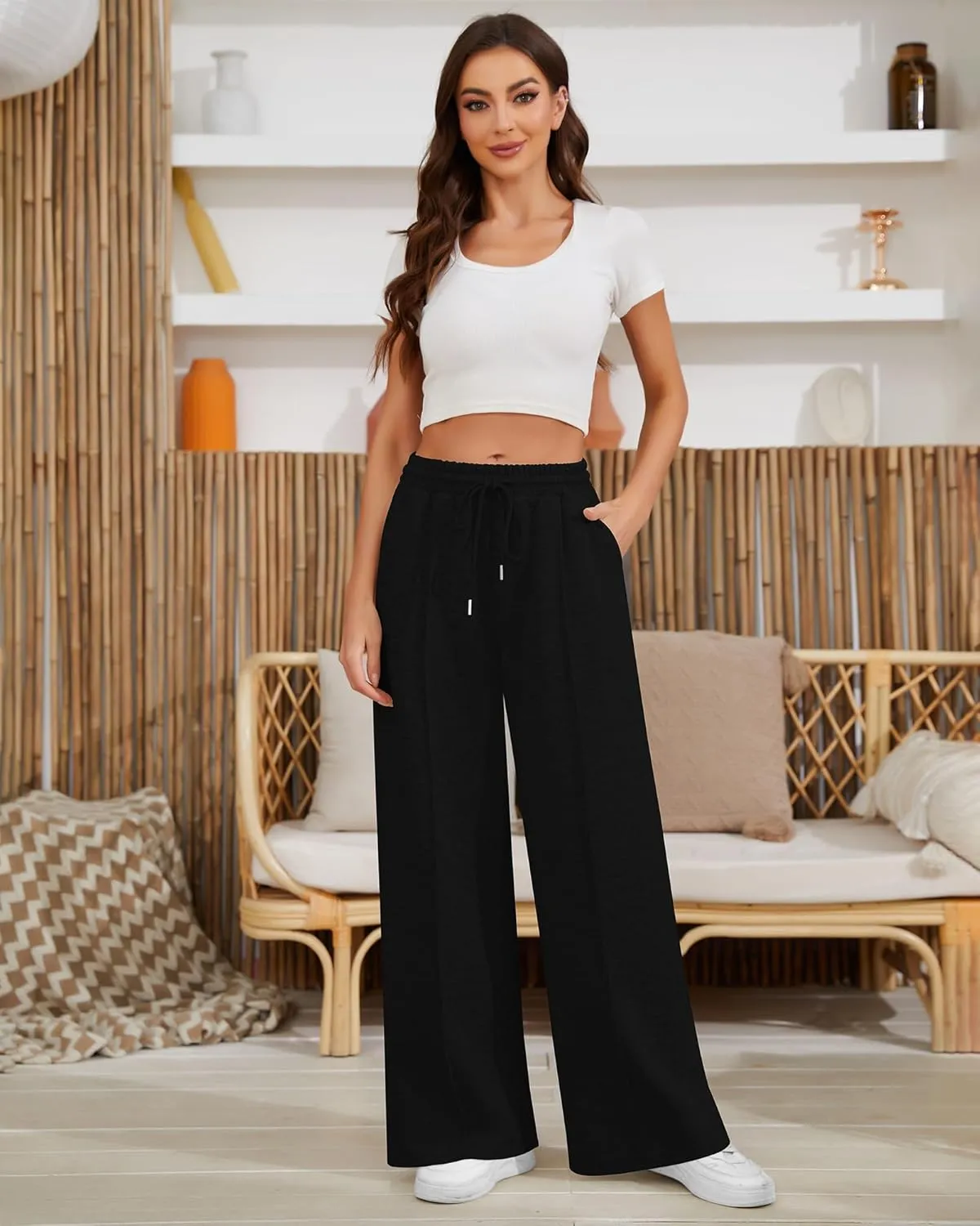 Women's Casual Loose Drawstring Elastic Waist Wide Leg Lounge Pants Lightweight Baggy Sweatpants Joggers with Pockets