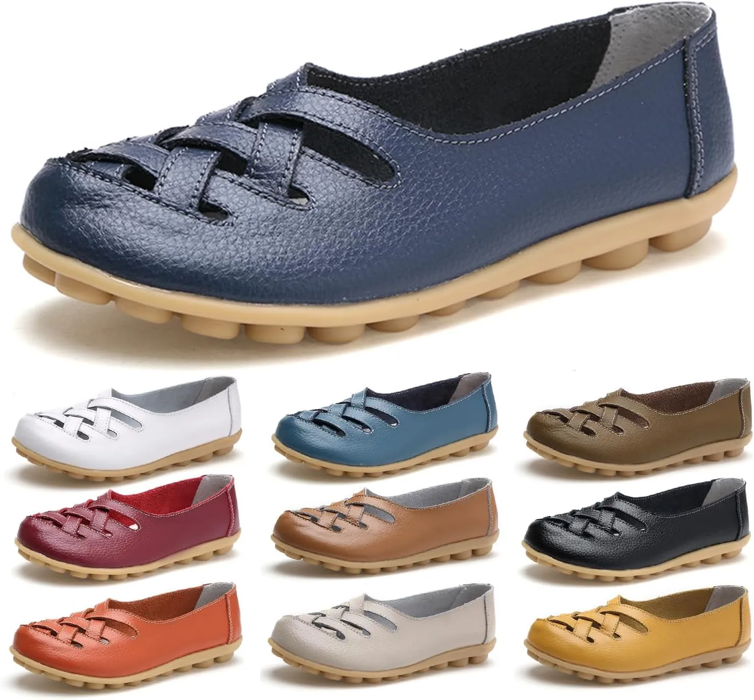 Women's Cowhide Leather Loafers Flat Sandals Comfort Walking Casual Flat Loafer, Classic Driving Shoes Soft Round Toe Slip On Sandals Breathable Outdoor Walking Shoes