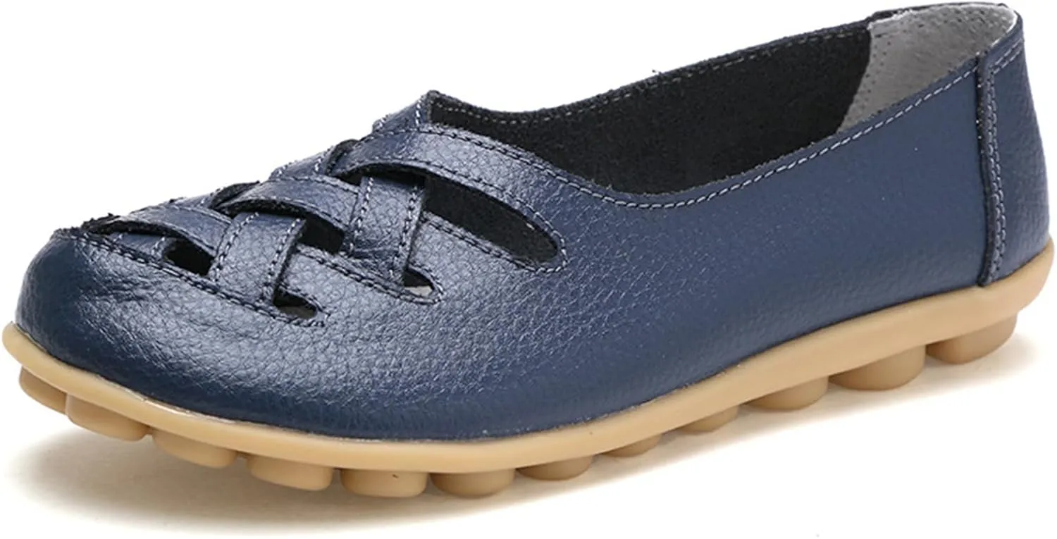 Women's Cowhide Leather Loafers Flat Sandals Comfort Walking Casual Flat Loafer, Classic Driving Shoes Soft Round Toe Slip On Sandals Breathable Outdoor Walking Shoes