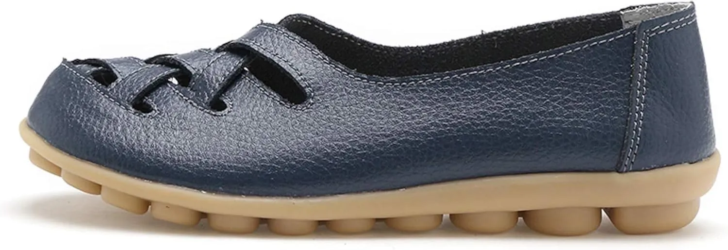 Women's Cowhide Leather Loafers Flat Sandals Comfort Walking Casual Flat Loafer, Classic Driving Shoes Soft Round Toe Slip On Sandals Breathable Outdoor Walking Shoes
