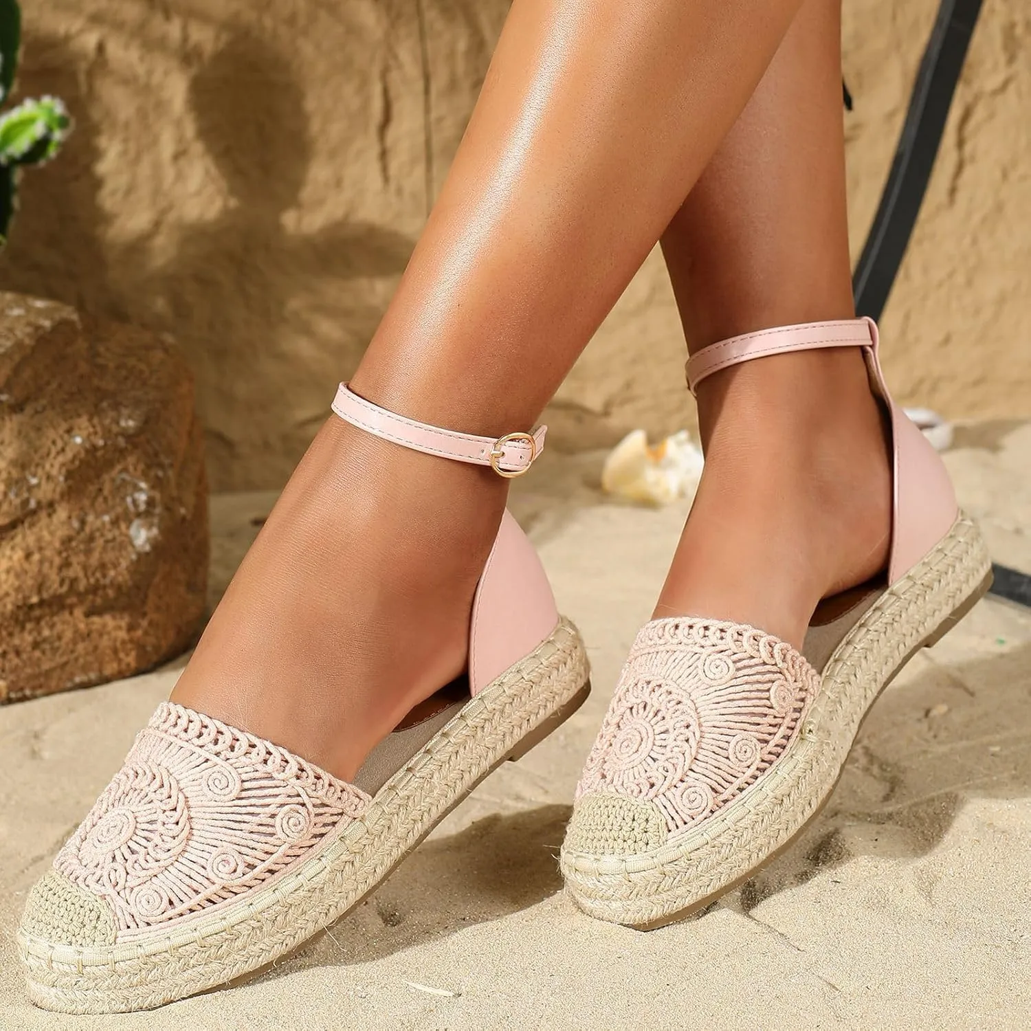 Women's Espadrille Round Toe Lace Up Flats,Casual Closed Toe Ankle Strap Handmade Platform Sandals,Summer Comfort Breathable Dating Work Travel Shoes