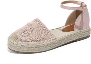 Women's Espadrille Round Toe Lace Up Flats,Casual Closed Toe Ankle Strap Handmade Platform Sandals,Summer Comfort Breathable Dating Work Travel Shoes
