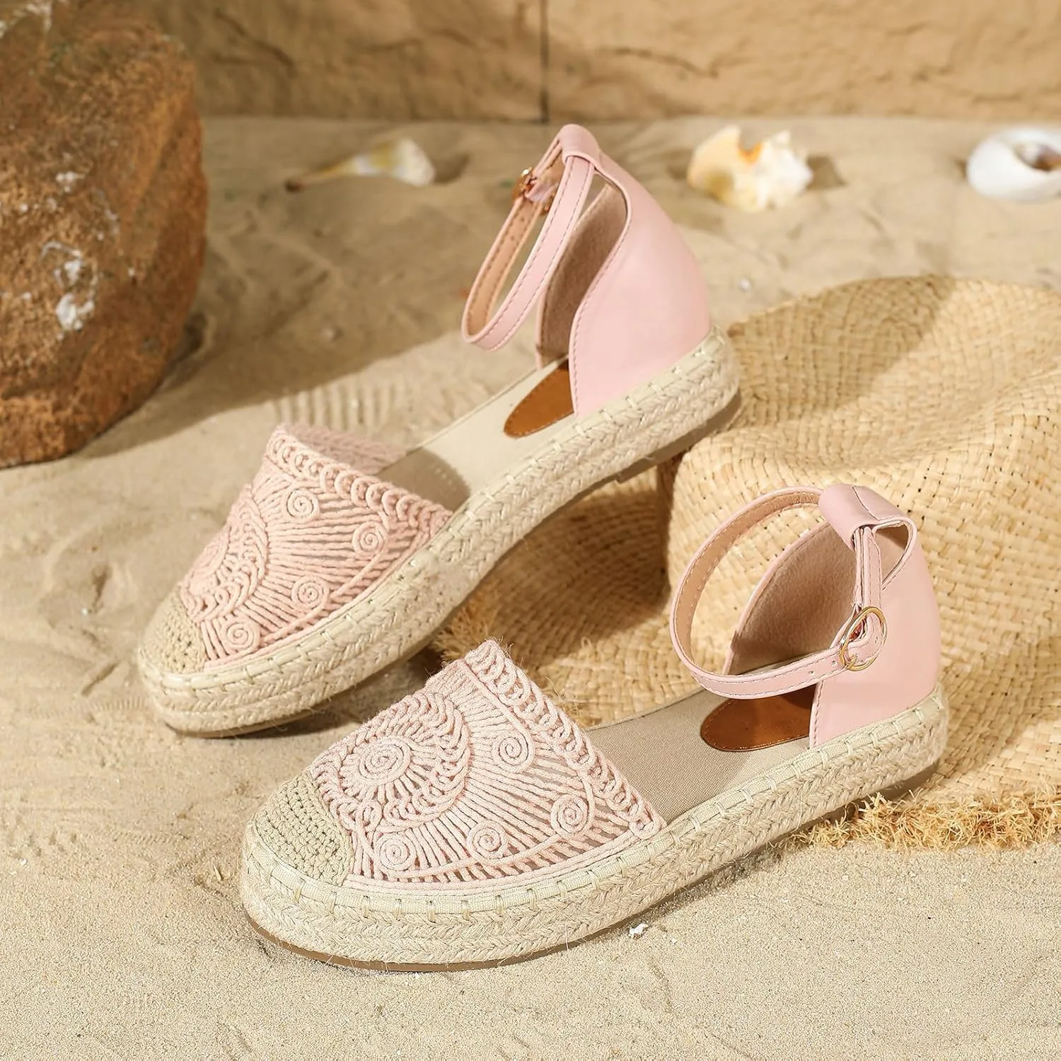 Women's Espadrille Round Toe Lace Up Flats,Casual Closed Toe Ankle Strap Handmade Platform Sandals,Summer Comfort Breathable Dating Work Travel Shoes