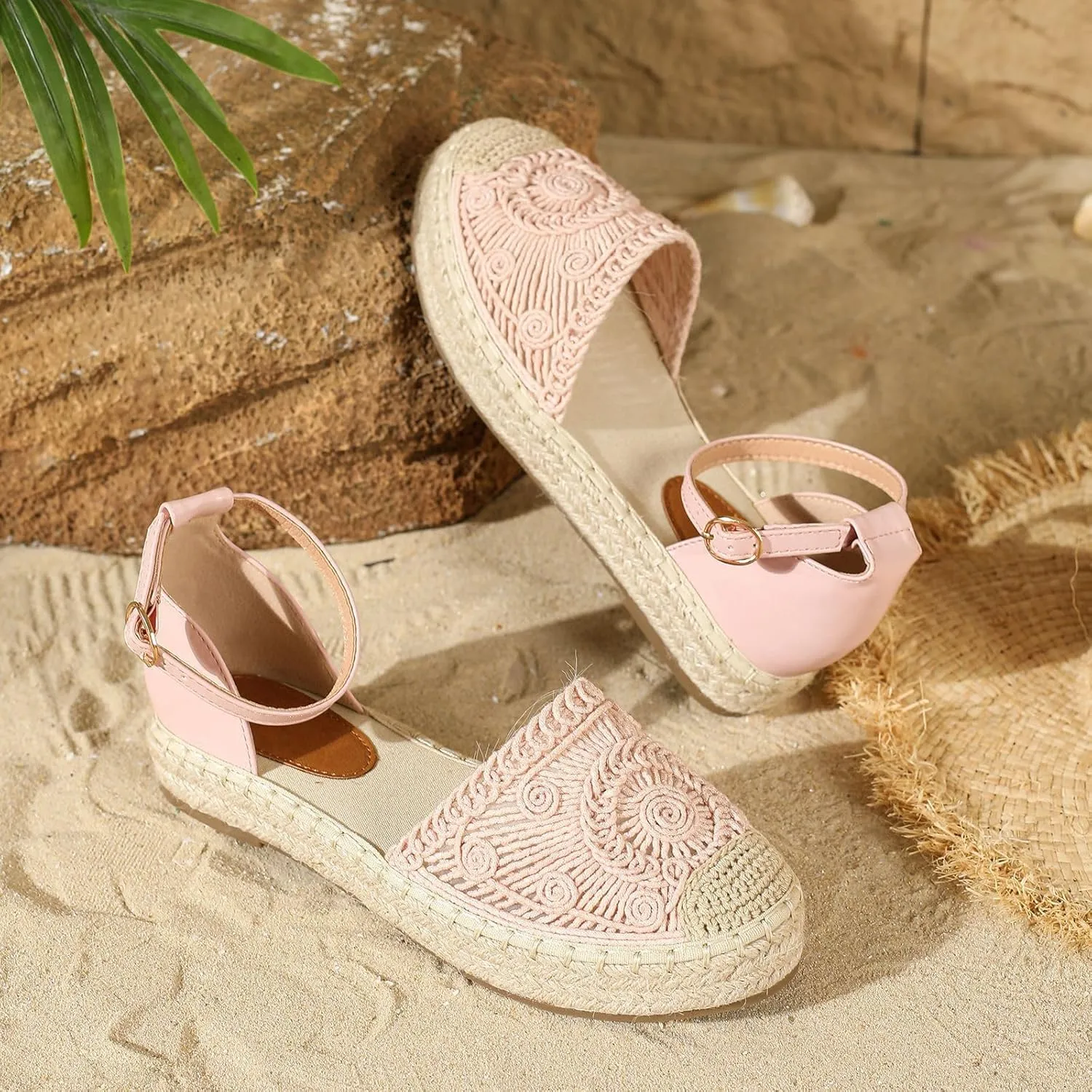 Women's Espadrille Round Toe Lace Up Flats,Casual Closed Toe Ankle Strap Handmade Platform Sandals,Summer Comfort Breathable Dating Work Travel Shoes