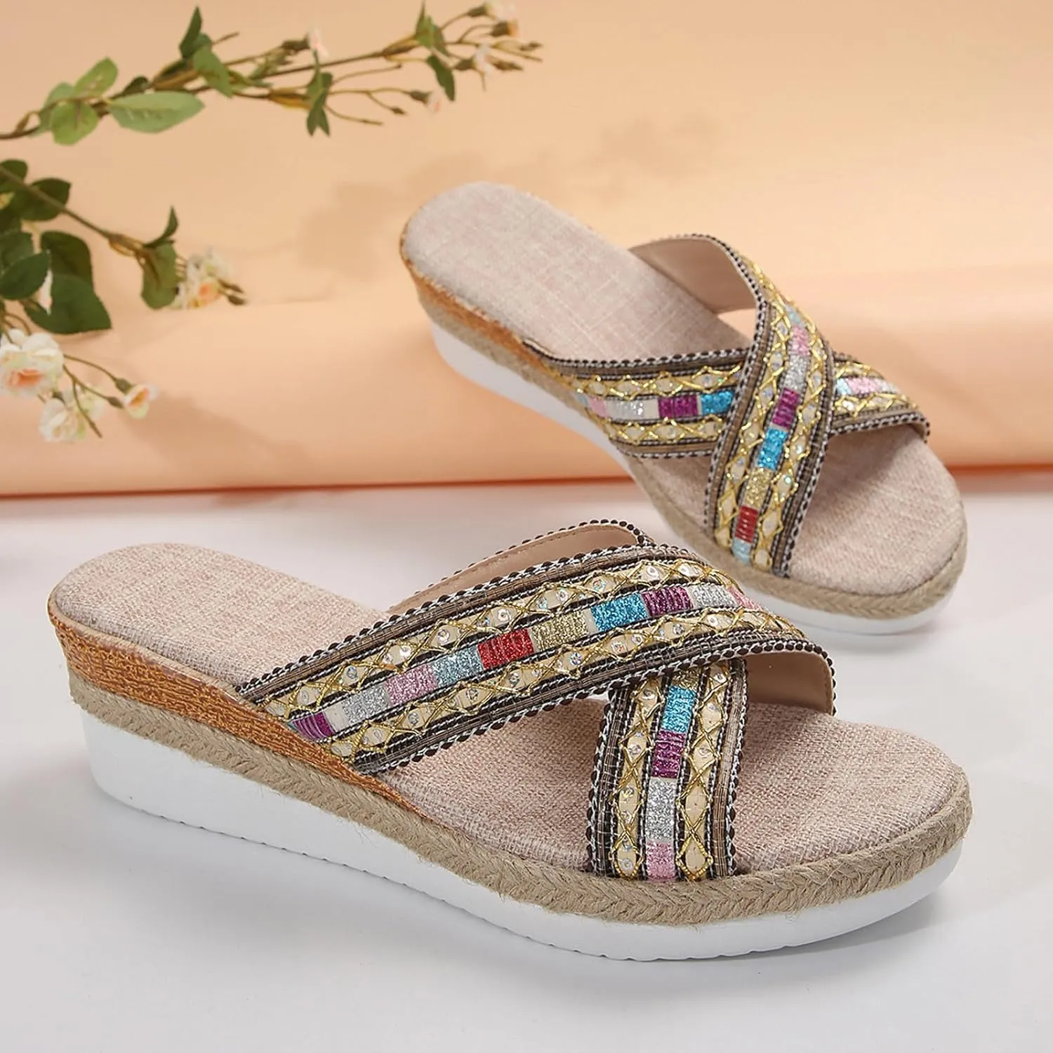 Womens Espadrille Wedge Sandals Open Toe Slip On Bohemia Platform Casual Braided Heels Sequins Summer Beach Shoes