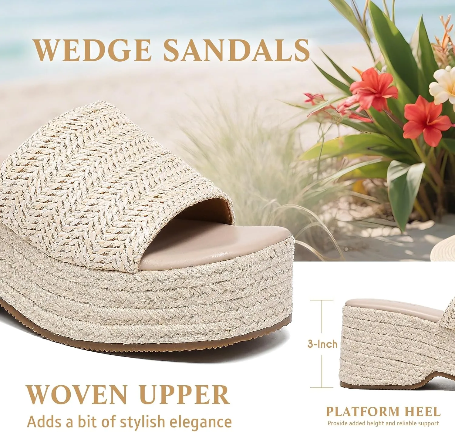 Women's Espadrilles Platform Sandals Wedges Slides Open Toe Slip on Shoes for women Summer Comfortable Woven Casual Beach Shoes