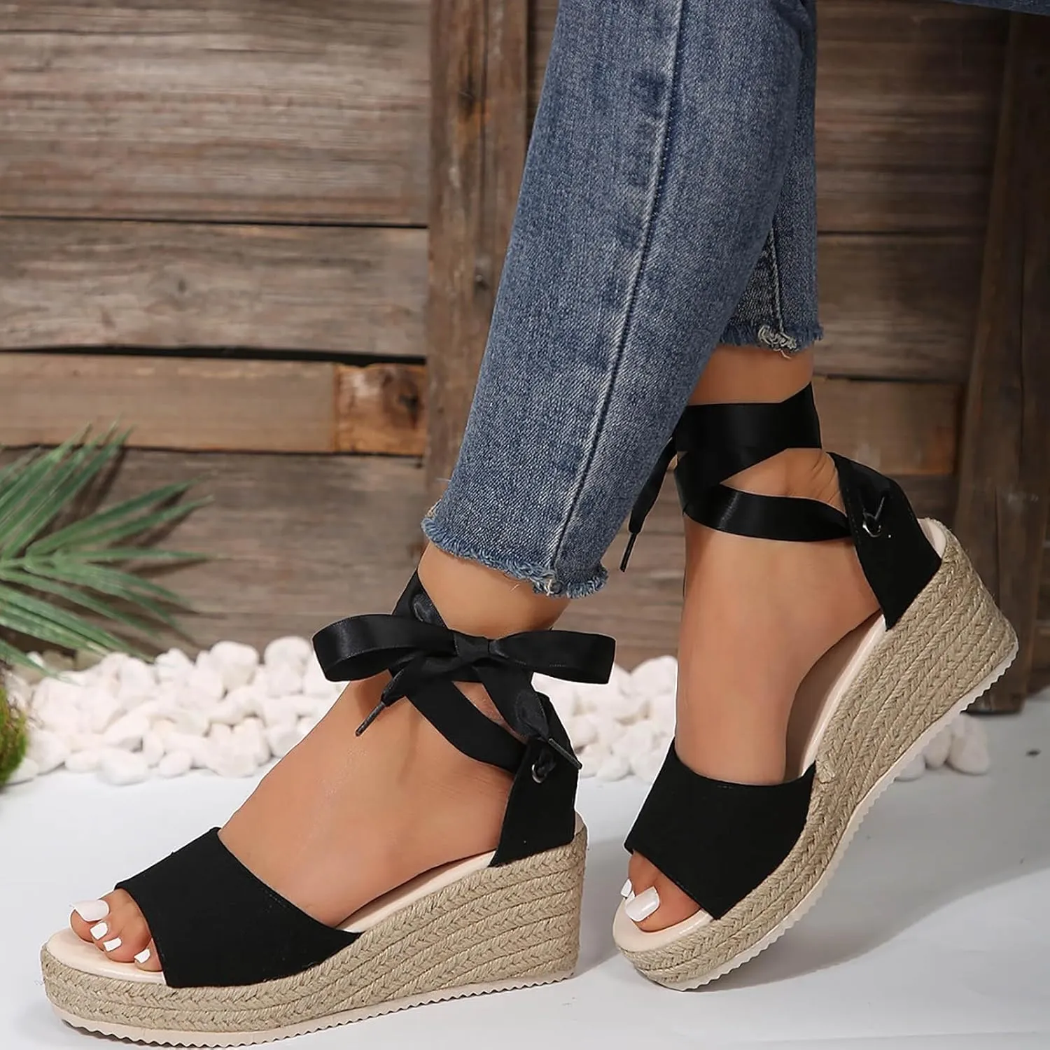 Women's Espadrilles Wedge Sandals Open Toe Lace Tie Up Platform High Heels Slip On Slingback Summer Dress Shoes