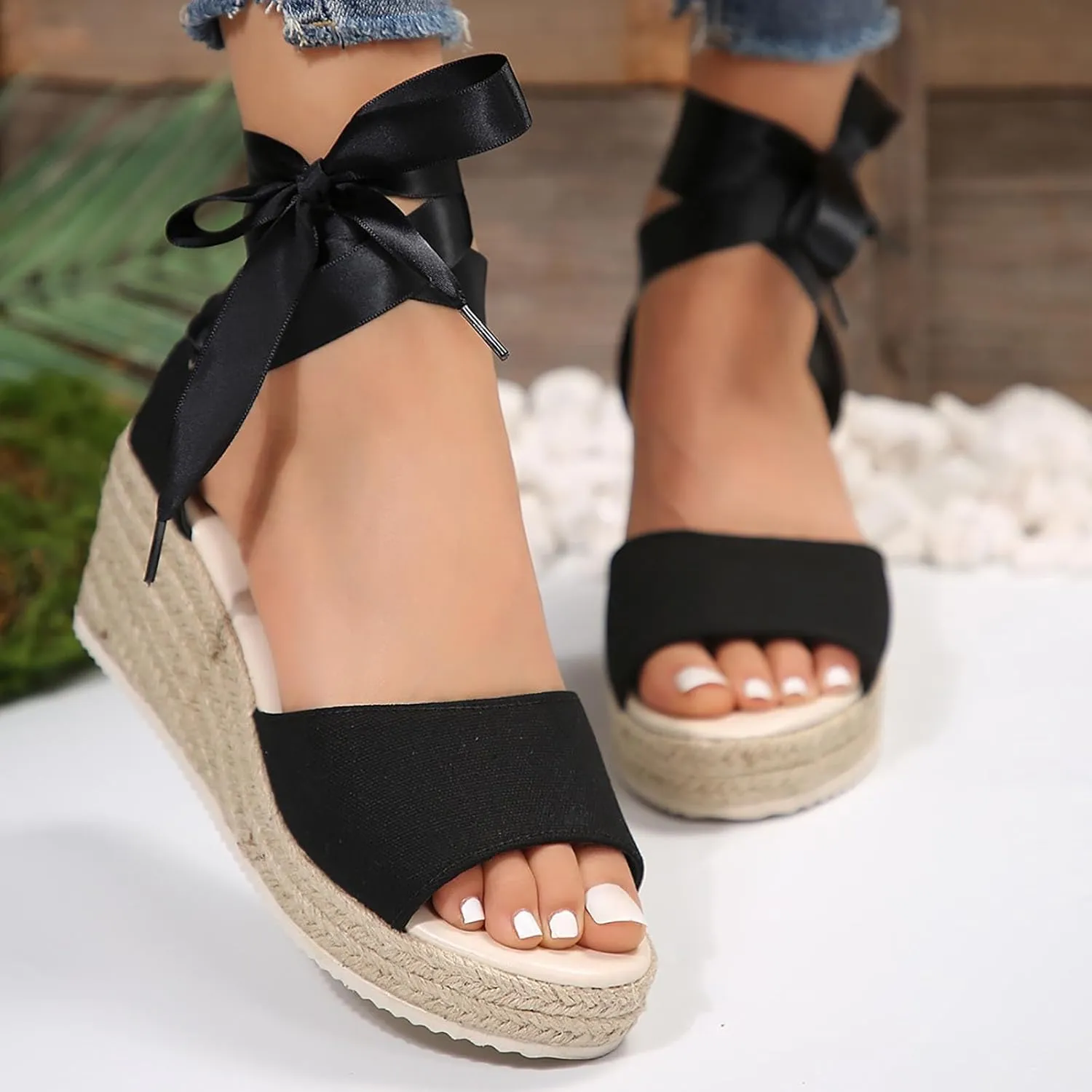 Women's Espadrilles Wedge Sandals Open Toe Lace Tie Up Platform High Heels Slip On Slingback Summer Dress Shoes