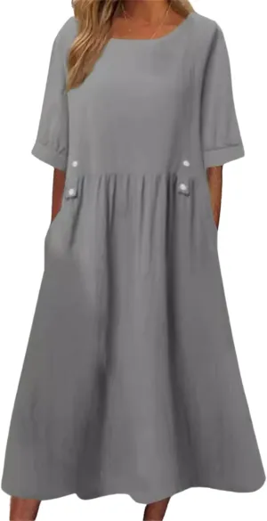 Women's Green Ruffle Round Neck Short Sleeve Loose Fit Pocket Casual Comfortable Dress for Summer and Spring