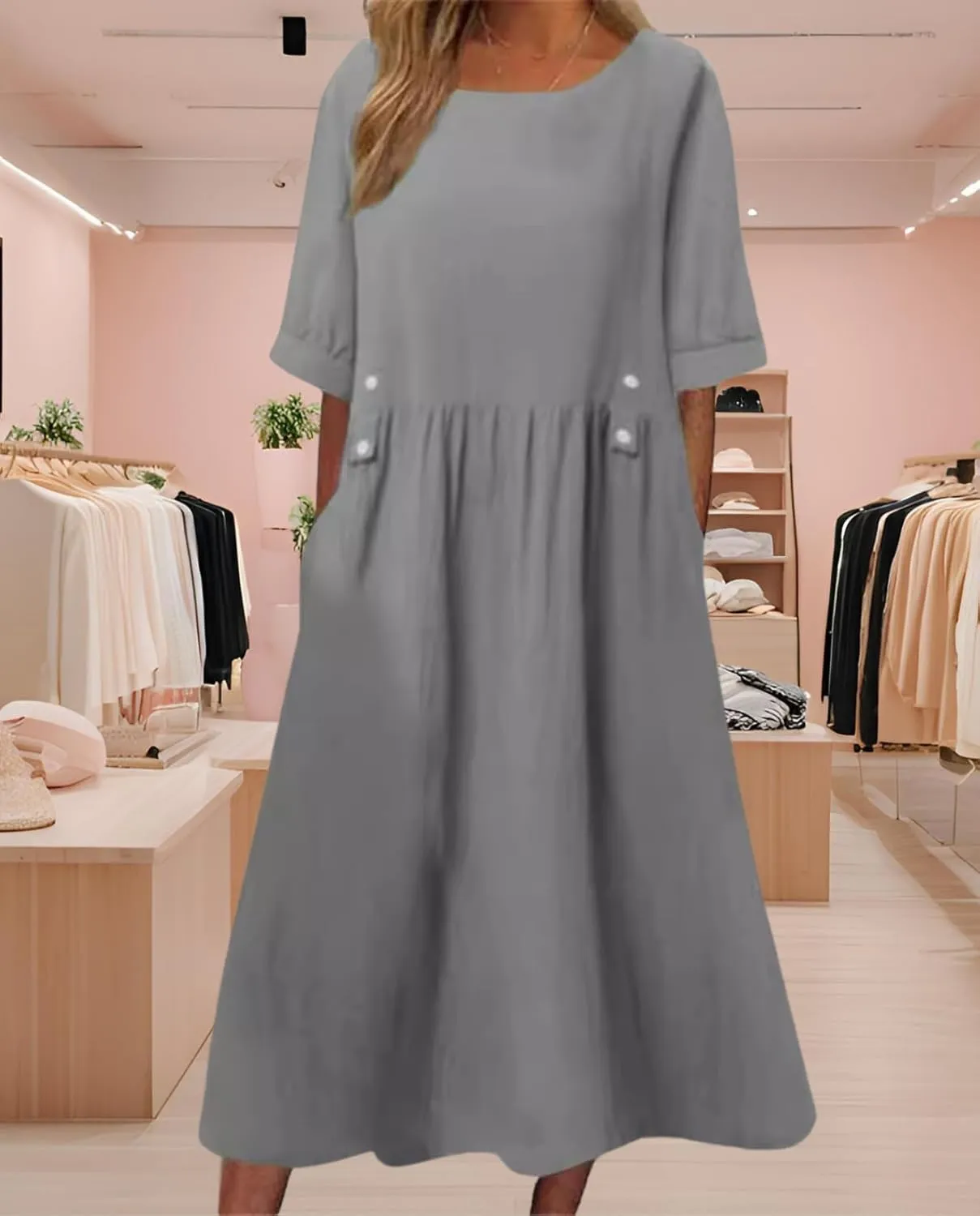 Women's Green Ruffle Round Neck Short Sleeve Loose Fit Pocket Casual Comfortable Dress for Summer and Spring