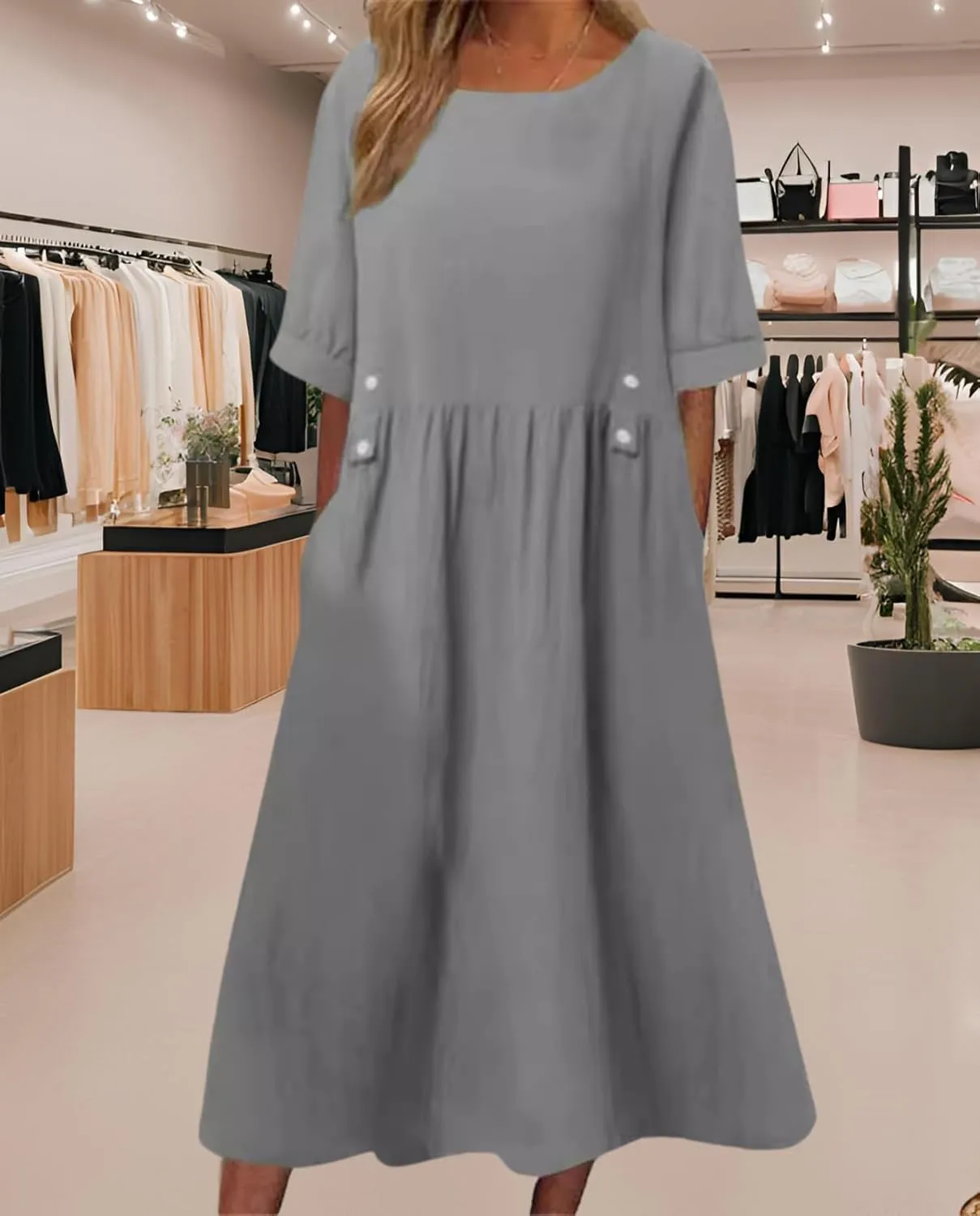 Women's Green Ruffle Round Neck Short Sleeve Loose Fit Pocket Casual Comfortable Dress for Summer and Spring