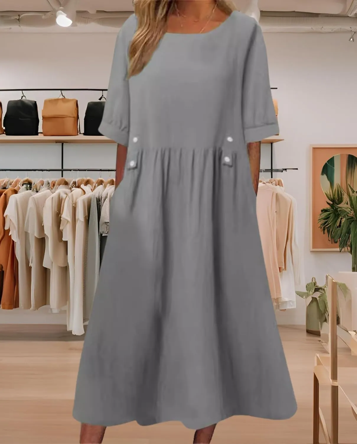 Women's Green Ruffle Round Neck Short Sleeve Loose Fit Pocket Casual Comfortable Dress for Summer and Spring