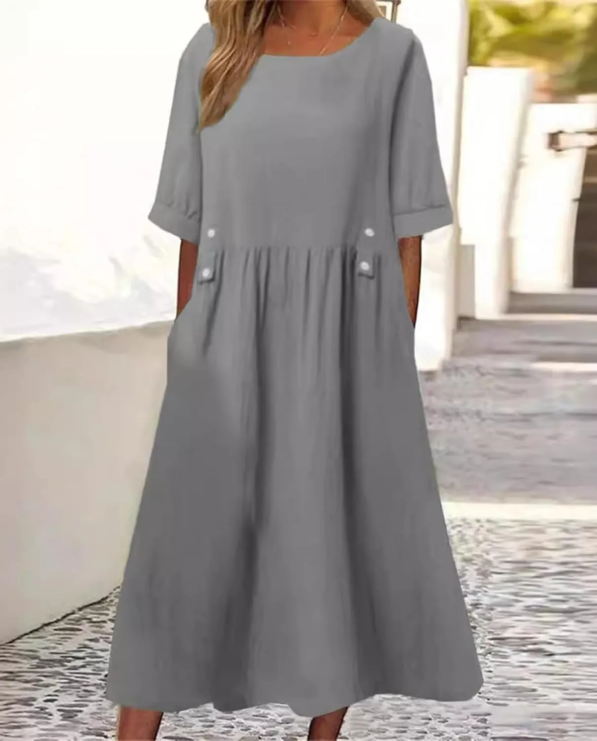 Women's Green Ruffle Round Neck Short Sleeve Loose Fit Pocket Casual Comfortable Dress for Summer and Spring