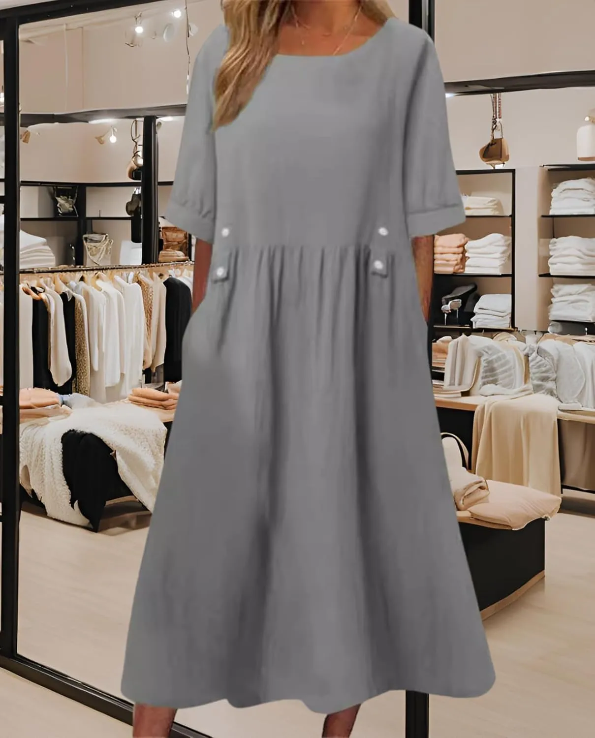 Women's Green Ruffle Round Neck Short Sleeve Loose Fit Pocket Casual Comfortable Dress for Summer and Spring