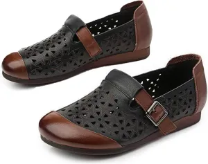 Women's Leather Hollow Flats Loafers,Fashion Side Adjustable Buckle Slip On Comfortable Lightweight Causal Sandals Round Toe Driving Walking Shoe Elegant Soft Sole Mom Shoes